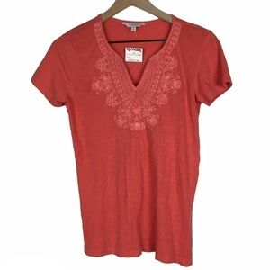 LUCKY BRAND T Shirt Top V Neck Embroidered Short Sleeve Southwestern Size Small